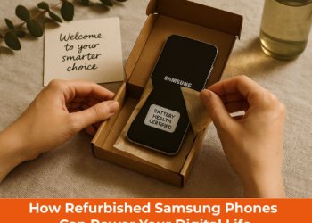 Unboxing a certified refurbished Samsung phone with eco-friendly packaging and a Welcome to your smarter choice card.